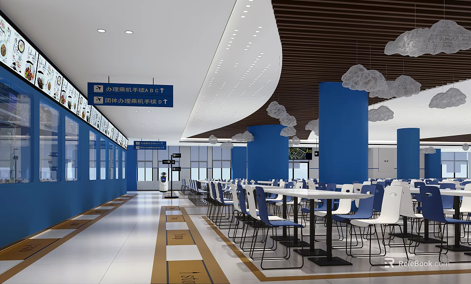Modern Canteen Interior With Blue Pillars Cloud Shaped Lights And Chairs 3d model
