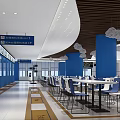 Modern Canteen Interior With Blue Pillars Cloud Shaped Lights And Chairs 3d model