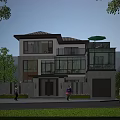 Modern Two Story Detached Villa With Large Glass Windows Balcony Garage And Green Yard