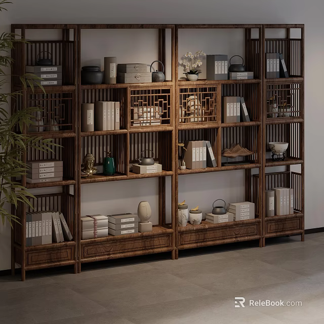 Traditional Chinese Wooden Antique Shelf With Intricate Carvings Displaying Books Vases And Ornaments 3d model 