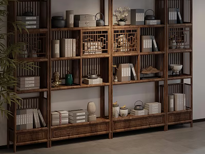 Traditional Chinese Wooden Antique Shelf With Intricate Carvings Displaying Books Vases And Ornaments 3d model