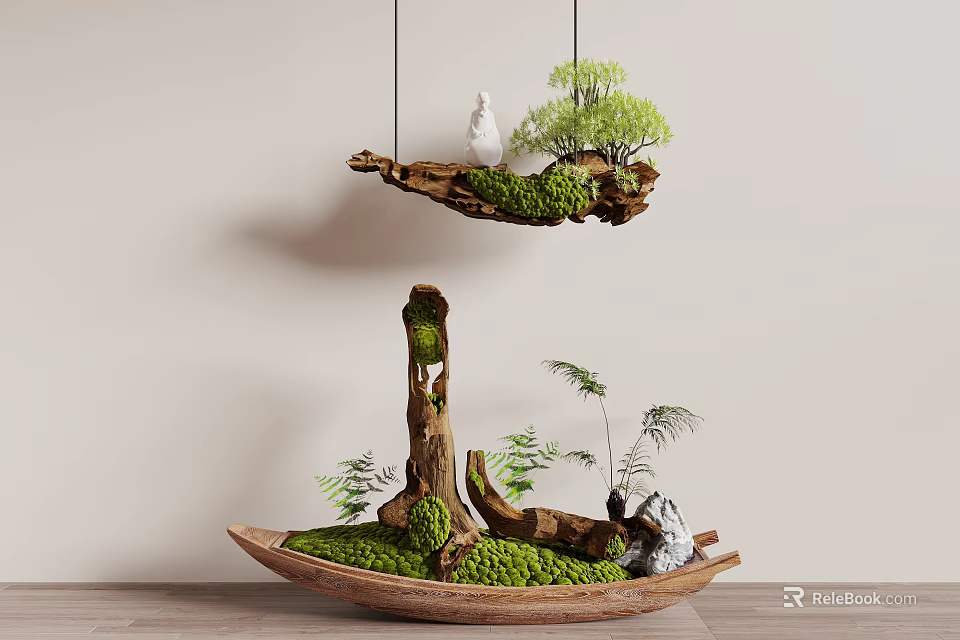 Natural Decorative Ornament Set With Hanging Wooden Branch Moss Mini Plants And Boat Shaped Base 3d model 