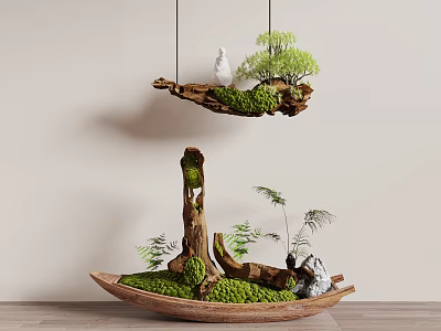 Natural Decorative Ornament Set With Hanging Wooden Branch Moss Mini Plants And Boat Shaped Base 3d model
