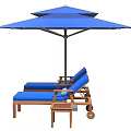 Outdoor Living Essentials Blue Patio Umbrella With Wooden Frame Lounge Chairs And Side Tables