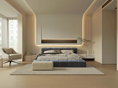 Modern Minimalist Bedroom Interior With Blue Bed LED Strip Lighting Beige Armchair And Ottoman Bench 3d model