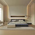 Modern Minimalist Bedroom Interior With Blue Bed LED Strip Lighting Beige Armchair And Ottoman Bench