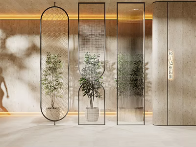 Modern Decorative Screens With Metal Frame And Indoor Plants In Hallway Interior 3d model