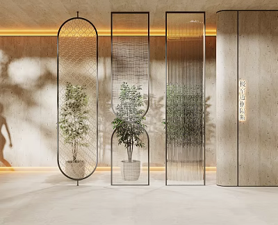 Modern Decorative Screens With Metal Frame And Indoor Plants In Hallway Interior 3d model