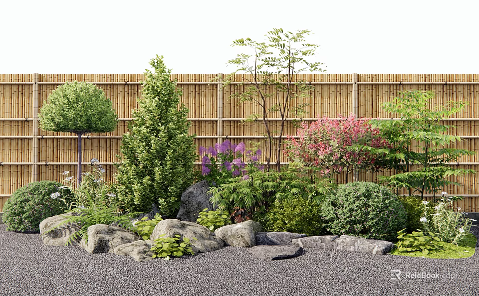 Garden Plant Combination Featuring Bamboo Fence Trees Shrubs Colorful Flowers Rocks and Gravel 3d model 