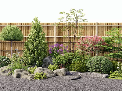 Garden Plant Combination Featuring Bamboo Fence Trees Shrubs Colorful Flowers Rocks and Gravel 3d model