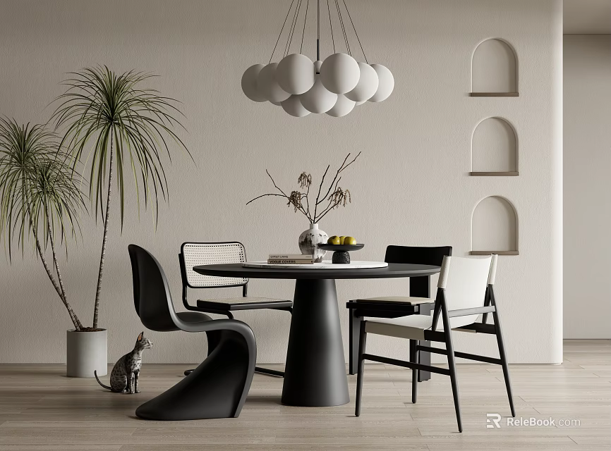 Modern Black Round Dining Table Set With White Chairs Pendant Light Plants And Arched Decor 3d model 