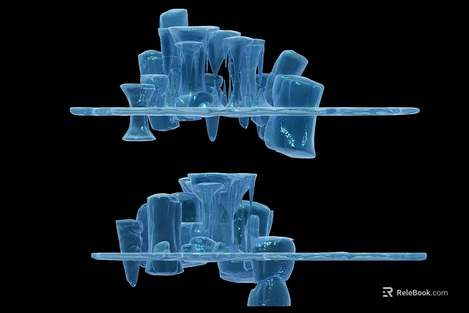 Blue Transparent Abstract Structures With Ice Like Formations On Horizontal Support Base Against Black Background 3d model 