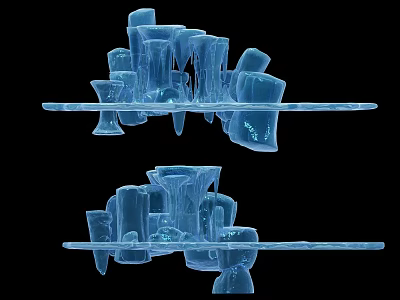 Blue Transparent Abstract Structures With Ice Like Formations On Horizontal Support Base Against Black Background 3d model