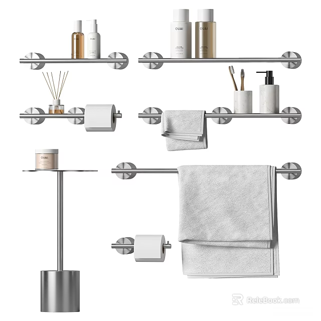 Modern Bathroom Daily Necessities Including Towel Racks Storage Shelves Towels And Aromatherapy Bottles 3d model 