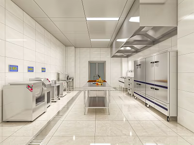 Commercial Restaurant Kitchen Equipped With Stainless Steel Worktables Equipment White Tile Walls And Ventilation System 3d model