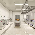 Commercial Restaurant Kitchen Equipped With Stainless Steel Worktables Equipment White Tile Walls And Ventilation System