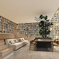 Book Specialty Store Interior With Tall Bookshelves Comfortable Sofa Wooden Table And Green Plant
