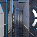 KTV Corridor With Blue Lighting Futuristic Vibe Circular Doors And Reflective Floor