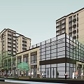 Modern Commercial Street With Tall Buildings Pedestrians And Trees
