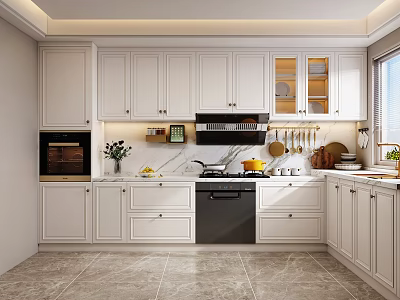 Modern Kitchen Interior With White Cabinets Marble Countertops And Black Appliances 3d model