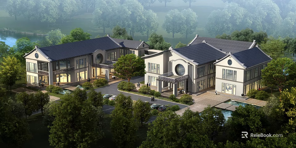 Aerial Planning of Chinese Style Villa Community With Landscaping Trees and Courtyard Parking 3d model 