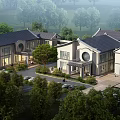 Aerial Planning of Chinese Style Villa Community With Landscaping Trees and Courtyard Parking