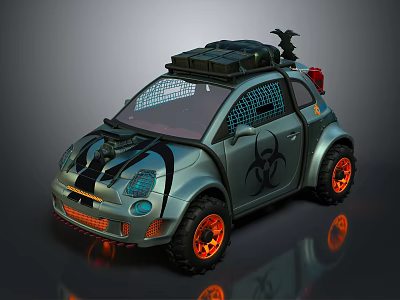 Tactical Military Vehicle With Biohazard Symbol Roof Equipment Orange Wheels And Protective Mesh 3d model