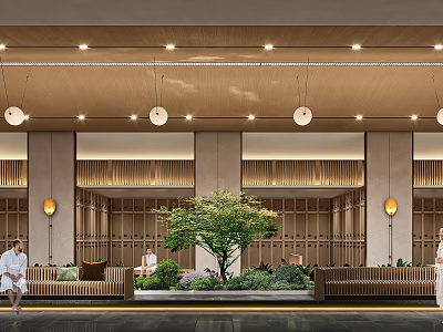 Elegant Lobby Interior Design With Wooden Ceiling Round Pendant Lights And Central Green Plant 3d model