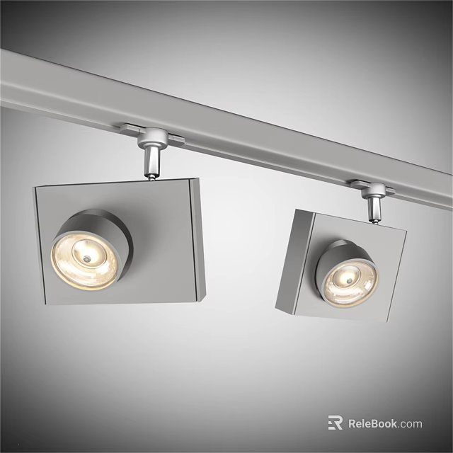 Track Mounted Square Design Downlights And Spotlights With Silver Finish 3d model