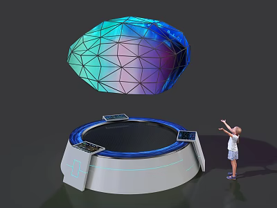 Child Interacting With Interactive Installation Featuring Colorful Glowing Floating Geometric Sphere 3d model