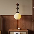 Wooden Wall Pendant Lamp With White Spherical Shade And Small Potted Plant