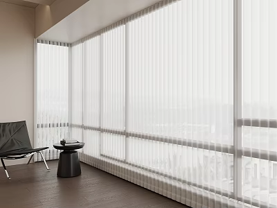 Modern Interior With Large Windows Vertical Blinds Black Chair And Dark Wooden Floor 3d model