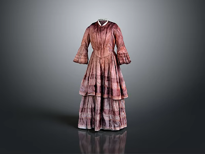 Vintage Red Brown White Plaid Dress with Pleated Design Long Sleeves and Layered Skirt 3d model