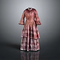 Vintage Red Brown White Plaid Dress with Pleated Design Long Sleeves and Layered Skirt