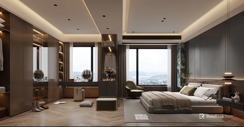 Modern Bedroom Interior Design With King Bed Floor to Ceiling Windows And Scenic View 3d model 