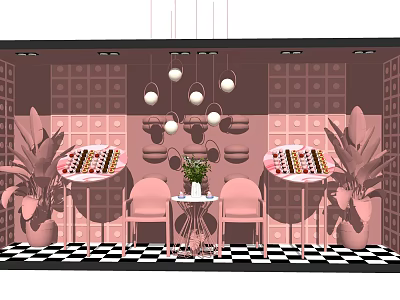 Elegant Shop Window Display With Pink Walls Black White Checkered Floor Hanging Lights And Plants 3d model