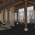 Traditional Chinese Courtyard Garden With Wooden Structure Lattice Screens Stone Features And Green Plants
