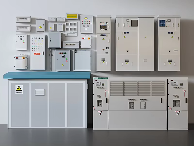 Industrial Control Cabinets Distribution Boxes Various Sizes Arranged Against Wall With Blue Countertop Warning Signs 3d model