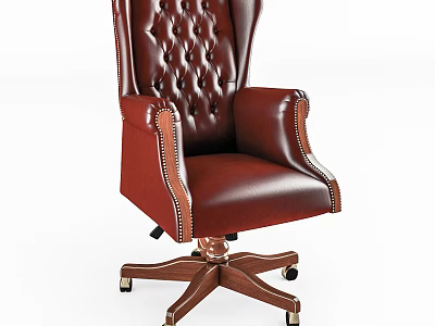 Red Leather Tufted Office Chair With Armrests Wooden Base And Wheels 3d model
