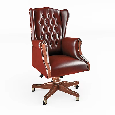 Red Leather Tufted Office Chair With Armrests Wooden Base And Wheels 3d model