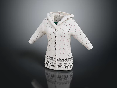 White Polka Dot Hooded Cardigan With Reindeer Pattern At The Bottom And Buttons 3d model