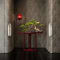 Elegant Red Console Table With Bonsai Tree Red Lantern On Gray Textured Wall Side Lamps 3d model