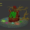 Mythical Creature Statue With Root Branches Mossy Stone Base Green Plants And Fallen Leaves