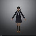 Woman In Dark Blue Sailor Uniform Standing On Gray Background With Brown Shoes