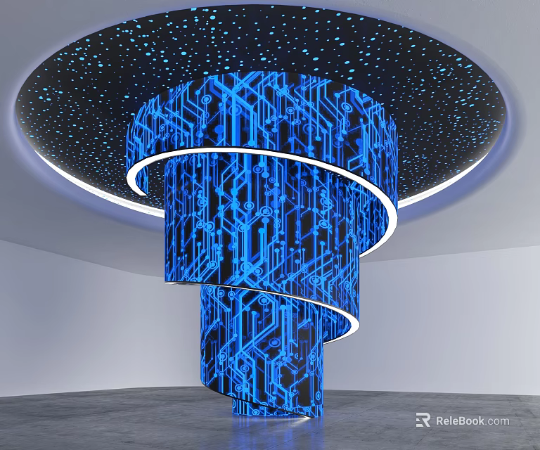 Blue Spiral Column With Circuit Like Patterns Starry Ceiling And White Lighting 3d model 