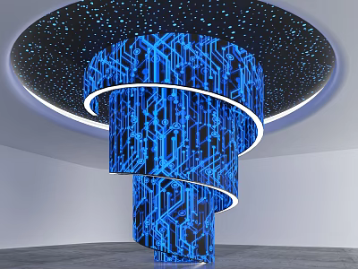 Blue Spiral Column With Circuit Like Patterns Starry Ceiling And White Lighting 3d model