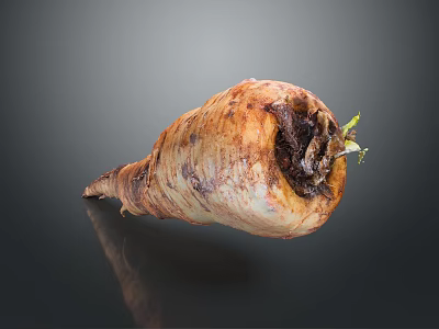 Freshly Harvested Root Vegetable With Soil And Small Green Shoots On Dark Reflective Background 3d model