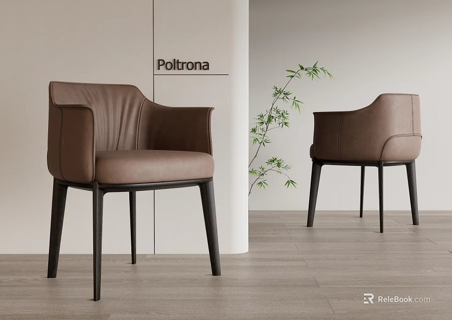 Modern Brown Leather Dining Chairs With Black Legs And Green Plant On Wooden Floor 3d model 