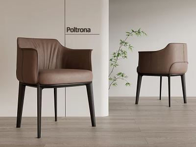 Modern Brown Leather Dining Chairs With Black Legs And Green Plant On Wooden Floor 3d model