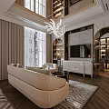 Elegant Modern Bedroom Interior With Gold Chandelier Upholstered Headboard Nightstands Sofa And Curtains